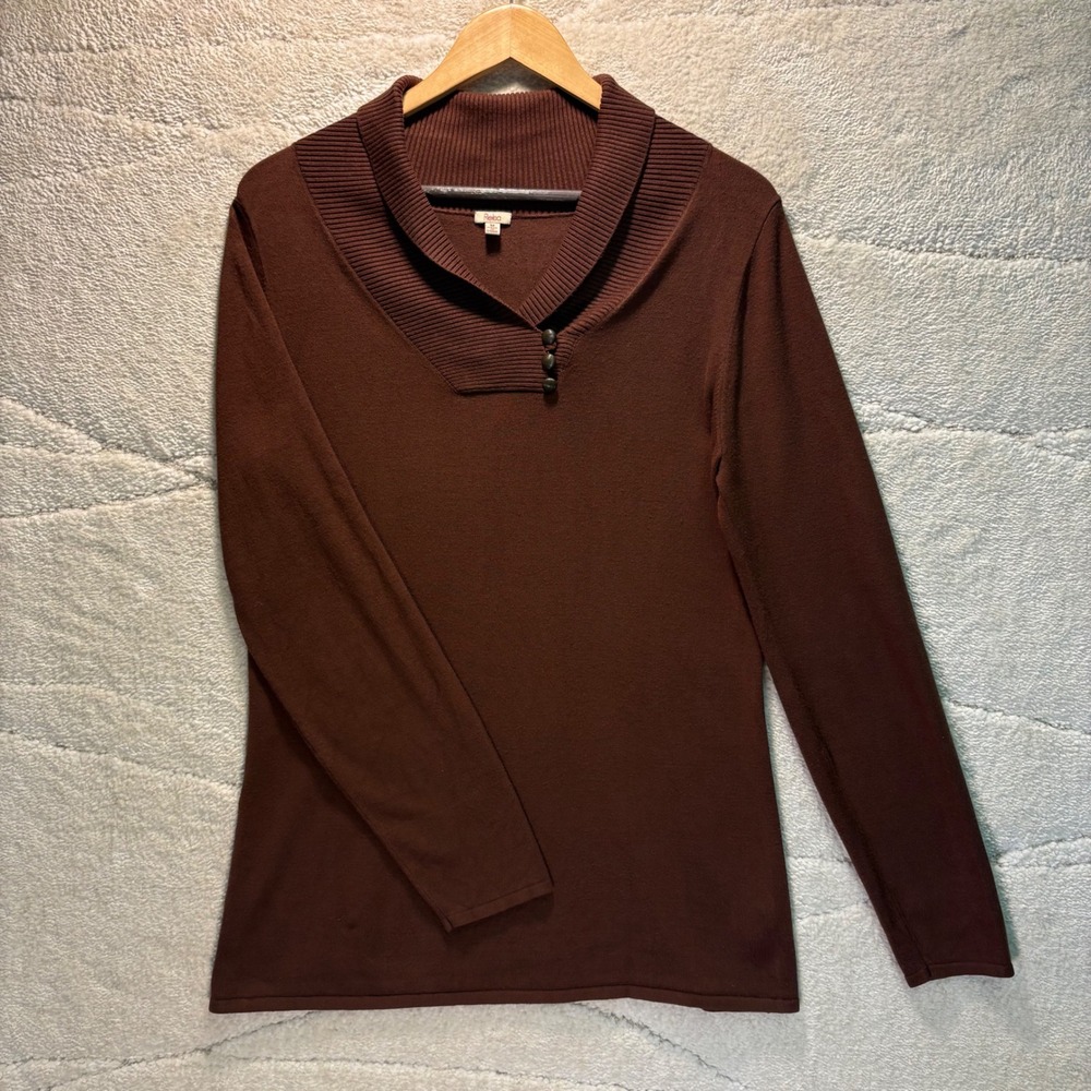 Reba Women's Brown Shawl Collar Pullover Sweater Medium Button Neck Western